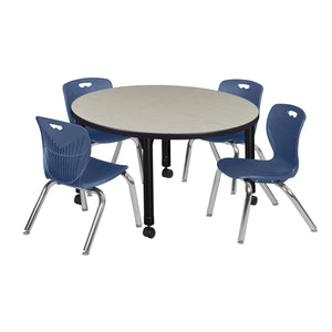 Kee Classroom Table and Chair Package, Kee 36" Round Mobile Adjustable Height Table with 4 Andy 12" Stack Chairs