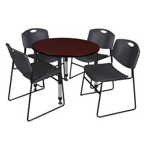 Kee Classroom Table and Chair Package, Kee 42" Round Adjustable Height Table with 4 Black Zeng Stack Chairs