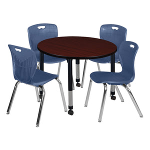 Kee Classroom Table and Chair Package, Kee 42" Round Mobile Adjustable Height Table with 4 Andy 18" Stack Chairs