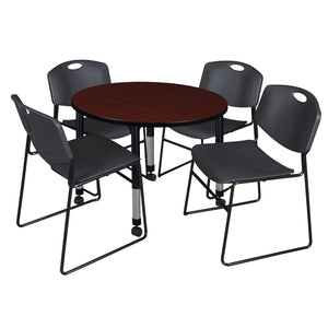 Kee Classroom Table and Chair Package, Kee 42" Round Mobile Adjustable Height Table with 4 Black Zeng Stack Chairs