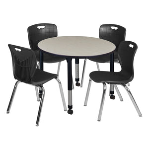 Kee Classroom Table and Chair Package, Kee 42" Round Mobile Adjustable Height Table with 4 Andy 18" Stack Chairs