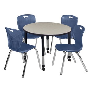 Kee Classroom Table and Chair Package, Kee 42" Round Mobile Adjustable Height Table with 4 Andy 18" Stack Chairs