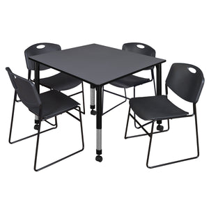 Kee Classroom Table and Chair Package, Kee 48" Square Mobile Adjustable Height Table with 4 Black Zeng Stack Chairs