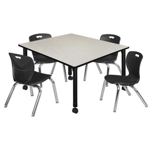 Kee Classroom Table and Chair Package, Kee 48" Square Mobile Adjustable Height Table with 4 Andy 12" Stack Chairs