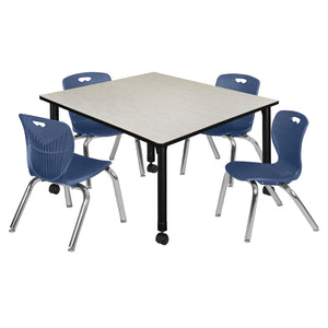 Kee Classroom Table and Chair Package, Kee 48" Square Mobile Adjustable Height Table with 4 Andy 12" Stack Chairs