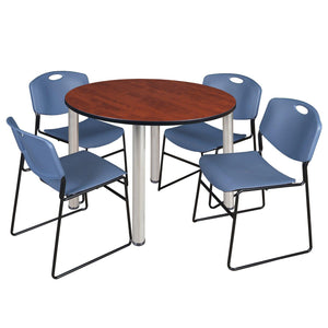 Kee Round Breakroom Table and Chair Package, Kee 48" Round Post-Leg Breakroom Table with 4 Zeng Stack Chairs