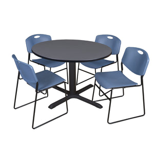 Cain Round Breakroom Table and Chair Package, Cain 48" Round X-Base Breakroom Table with 4 Zeng Stack Chairs