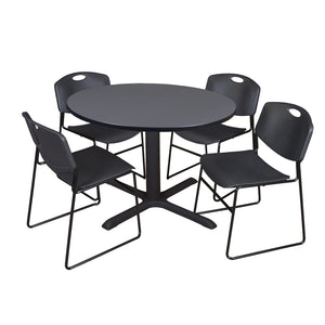 Cain Round Breakroom Table and Chair Package, Cain 48" Round X-Base Breakroom Table with 4 Zeng Stack Chairs