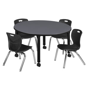 Kee Classroom Table and Chair Package, Kee 48" Round Mobile Adjustable Height Table with 4 Andy 12" Stack Chairs