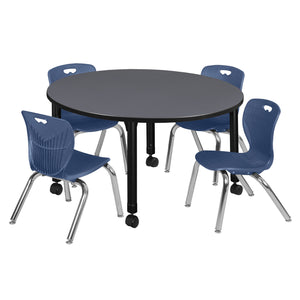 Kee Classroom Table and Chair Package, Kee 48" Round Mobile Adjustable Height Table with 4 Andy 12" Stack Chairs