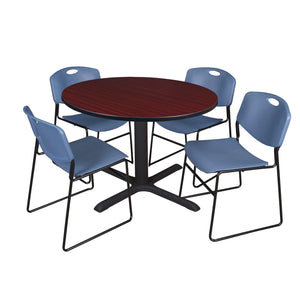 Cain Round Breakroom Table and Chair Package, Cain 48" Round X-Base Breakroom Table with 4 Zeng Stack Chairs