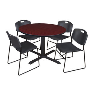 Cain Round Breakroom Table and Chair Package, Cain 48" Round X-Base Breakroom Table with 4 Zeng Stack Chairs