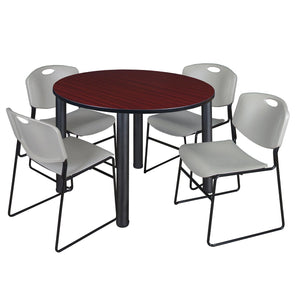 Kee Round Breakroom Table and Chair Package, Kee 48" Round Post-Leg Breakroom Table with 4 Zeng Stack Chairs