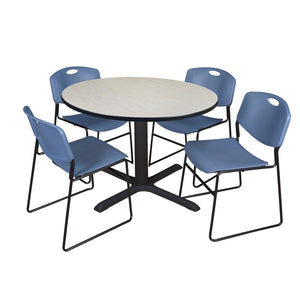 Cain Round Breakroom Table and Chair Package, Cain 48" Round X-Base Breakroom Table with 4 Zeng Stack Chairs