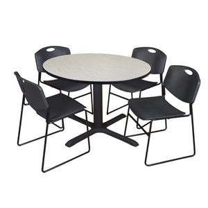 Cain Round Breakroom Table and Chair Package, Cain 48" Round X-Base Breakroom Table with 4 Zeng Stack Chairs