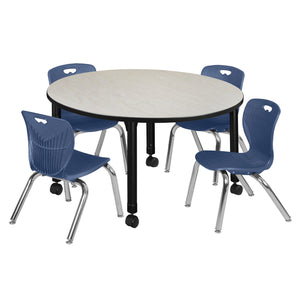 Kee Classroom Table and Chair Package, Kee 48" Round Mobile Adjustable Height Table with 4 Andy 12" Stack Chairs