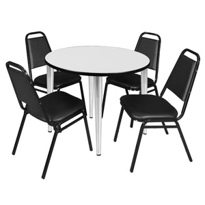 Kahlo Round Breakroom Table and Chair Package, 36" Round Kahlo Tapered Leg Breakroom Table with 4 Restaurant Stack Chairs
