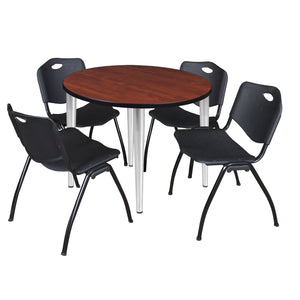 Kahlo Round Breakroom Table and Chair Package, 42" Round Kahlo Tapered Leg Breakroom Table with 4 "M" Stack Chairs