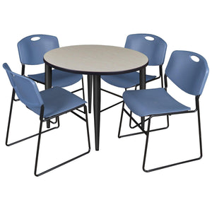Kahlo Round Breakroom Table and Chair Package, 42" Round Kahlo Tapered Leg Breakroom Table with 4 Zeng Stack Chairs