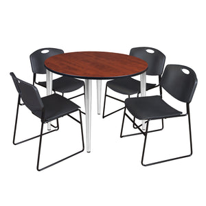 Kahlo Round Breakroom Table and Chair Package, 48" Round Kahlo Tapered Leg Breakroom Table with 4 Zeng Stack Chairs
