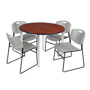 Kahlo Round Breakroom Table and Chair Package, 48" Round Kahlo Tapered Leg Breakroom Table with 4 Zeng Stack Chairs