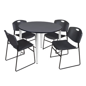Kahlo Round Breakroom Table and Chair Package, 48" Round Kahlo Tapered Leg Breakroom Table with 4 Zeng Stack Chairs