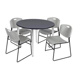 Kahlo Round Breakroom Table and Chair Package, 48" Round Kahlo Tapered Leg Breakroom Table with 4 Zeng Stack Chairs