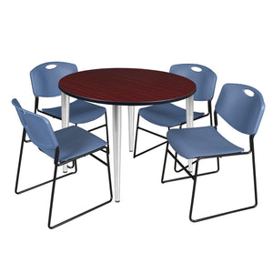 Kahlo Round Breakroom Table and Chair Package, 48" Round Kahlo Tapered Leg Breakroom Table with 4 Zeng Stack Chairs