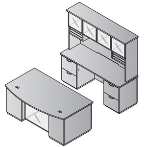 "Tuxedo White" Bow Front Double Pedestal Desk with Credenza and Glass Door Hutch, White Tops with Slate Grey Bases, White Hutch