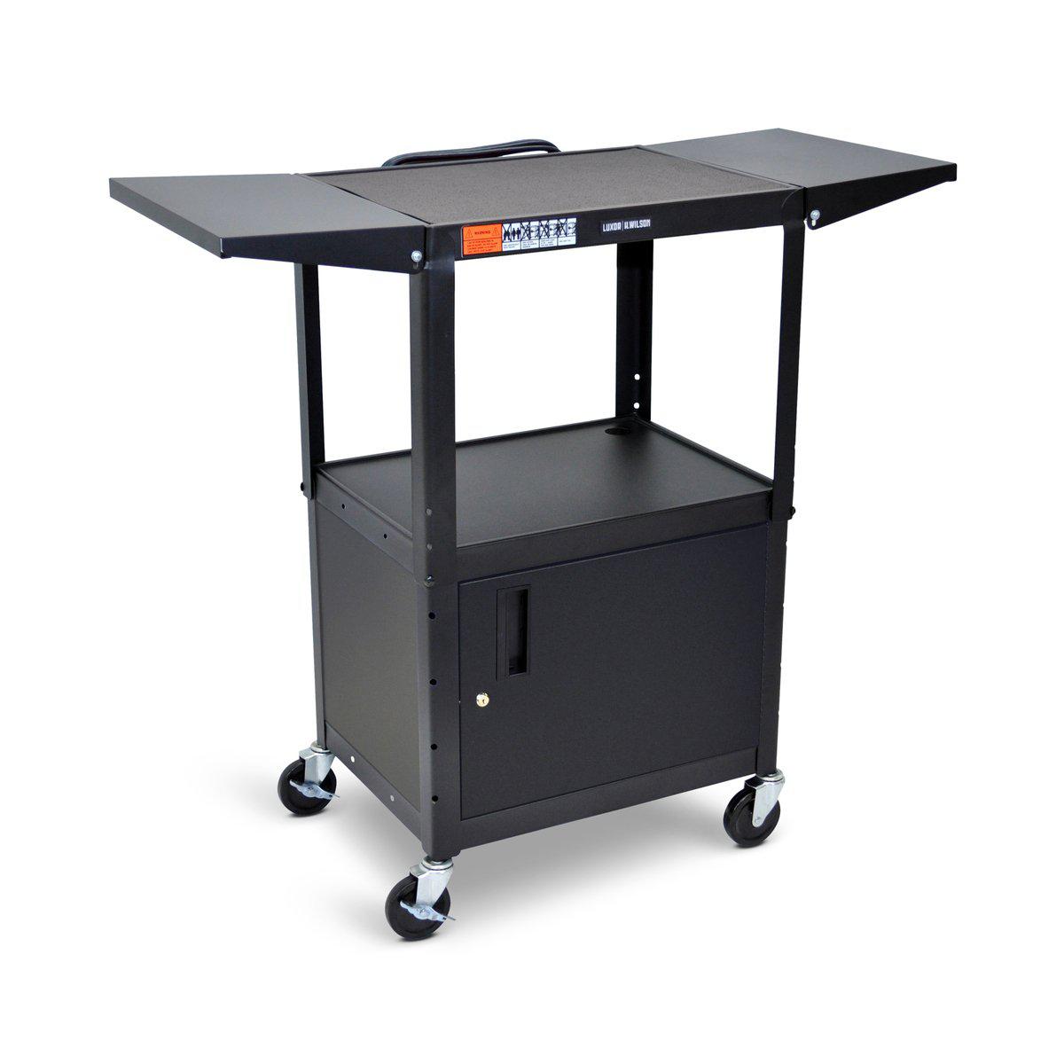 Adjustable-Height Steel AV Cart with Cabinet and Drop Leaf Shelves