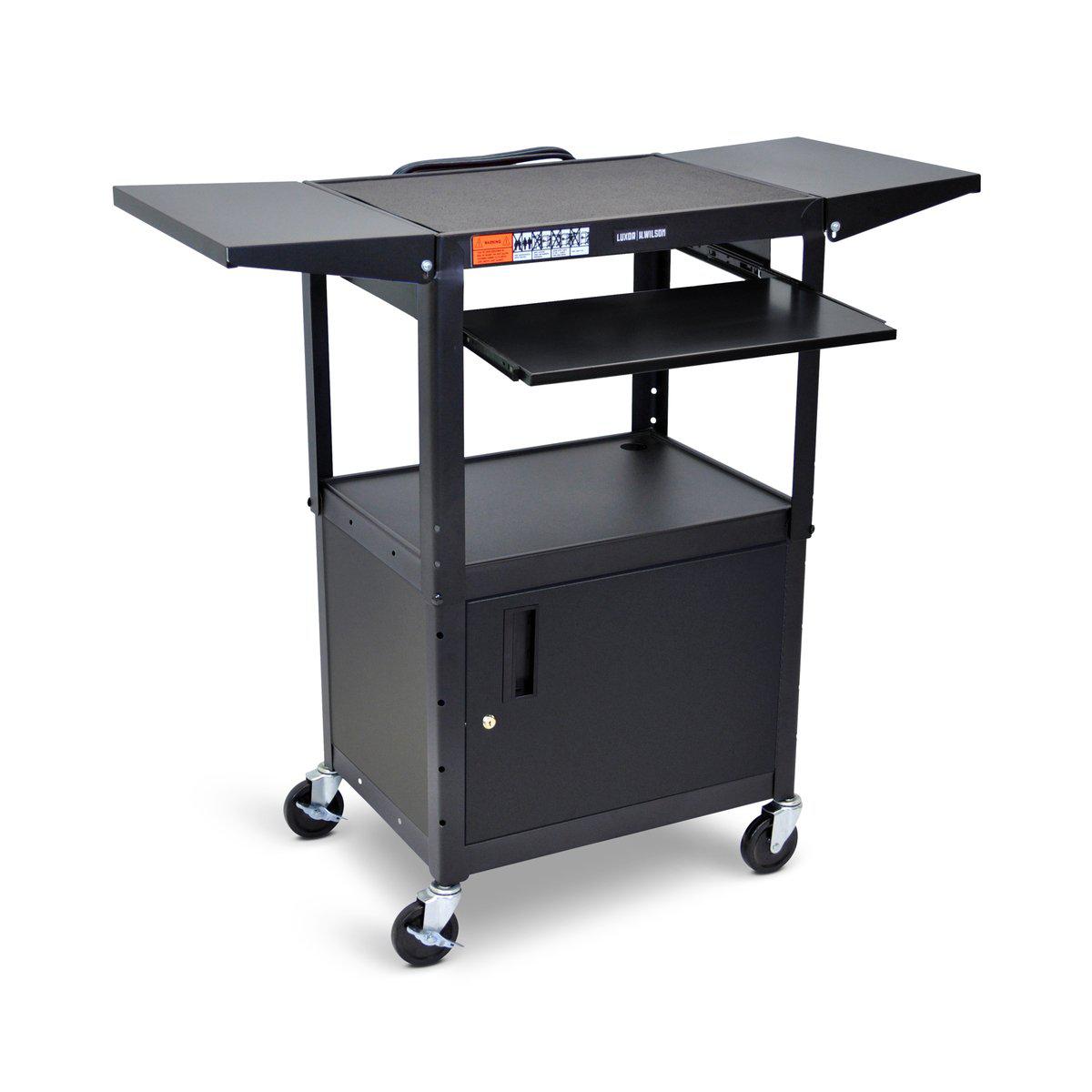 Adjustable-Height Steel AV Cart with Pullout Keyboard Tray, Cabinet and Drop Leaf Shelves