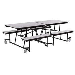 Mobile Cafeteria Table with Benches, 8'L, Plywood Core, Vinyl T-Mold Edge, Textured Black Frame
