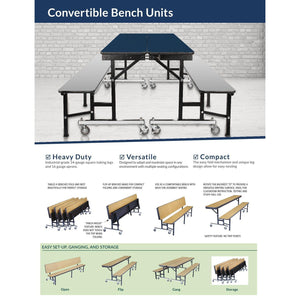 Mobile Convertible Bench Cafeteria Table, 8'L, Plywood Core, Vinyl T-Mold Edge, Textured Black Frame