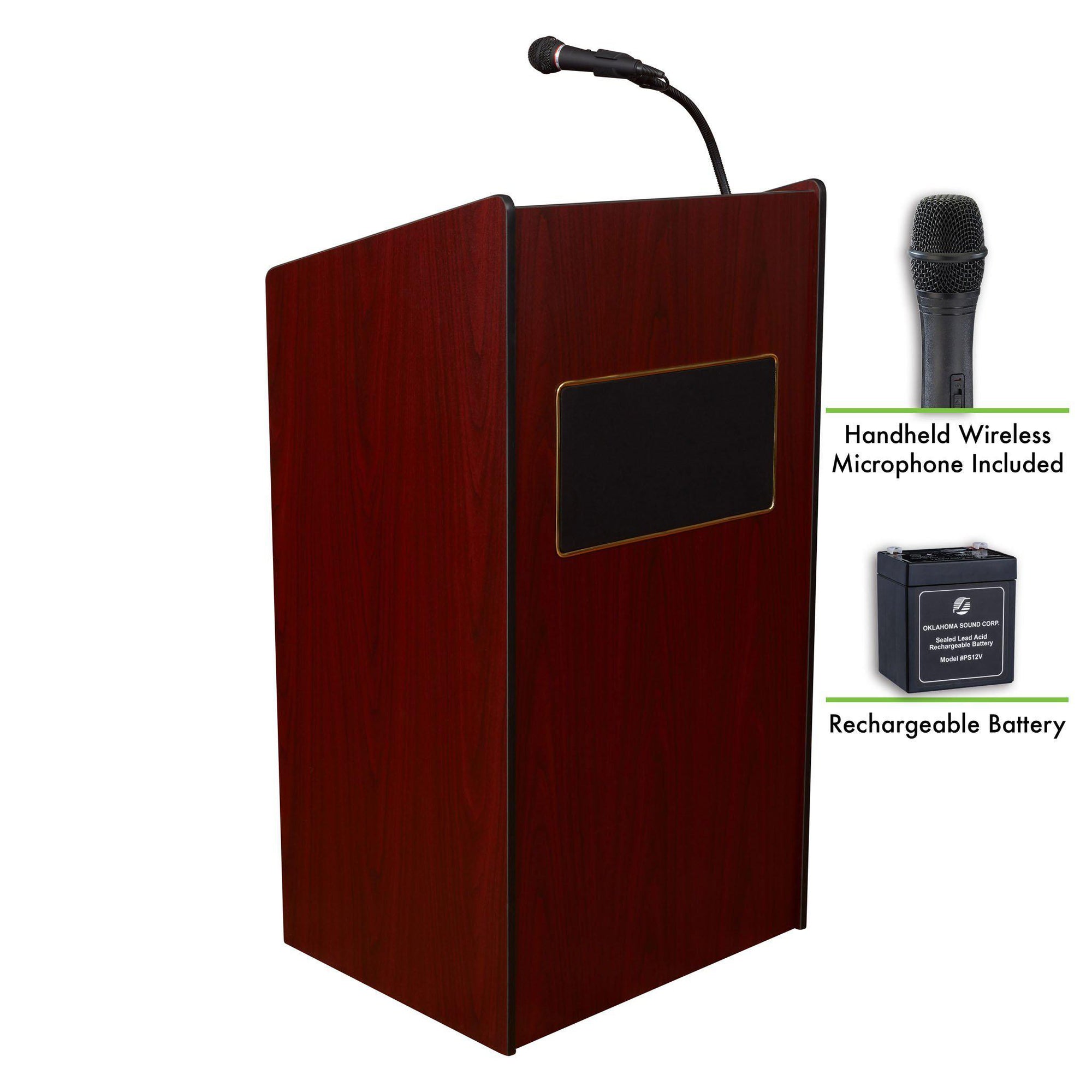 Oklahoma Sound® Aristocrat Sound Lectern and Rechargeable Battery with Wireless Handheld Mic-Lecterns & Podiums-Mahogany-