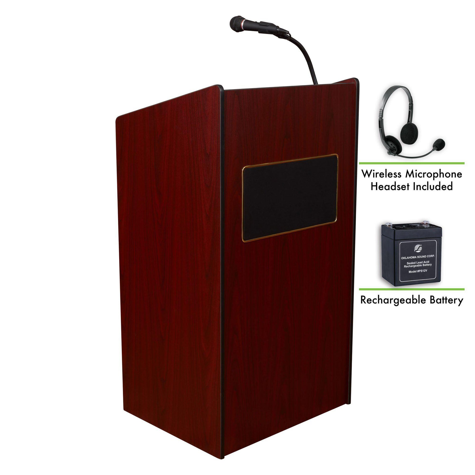 Oklahoma Sound® Aristocrat Sound Lectern and Rechargeable Battery with Wireless Headset Mic-Lecterns & Podiums-Mahogany-