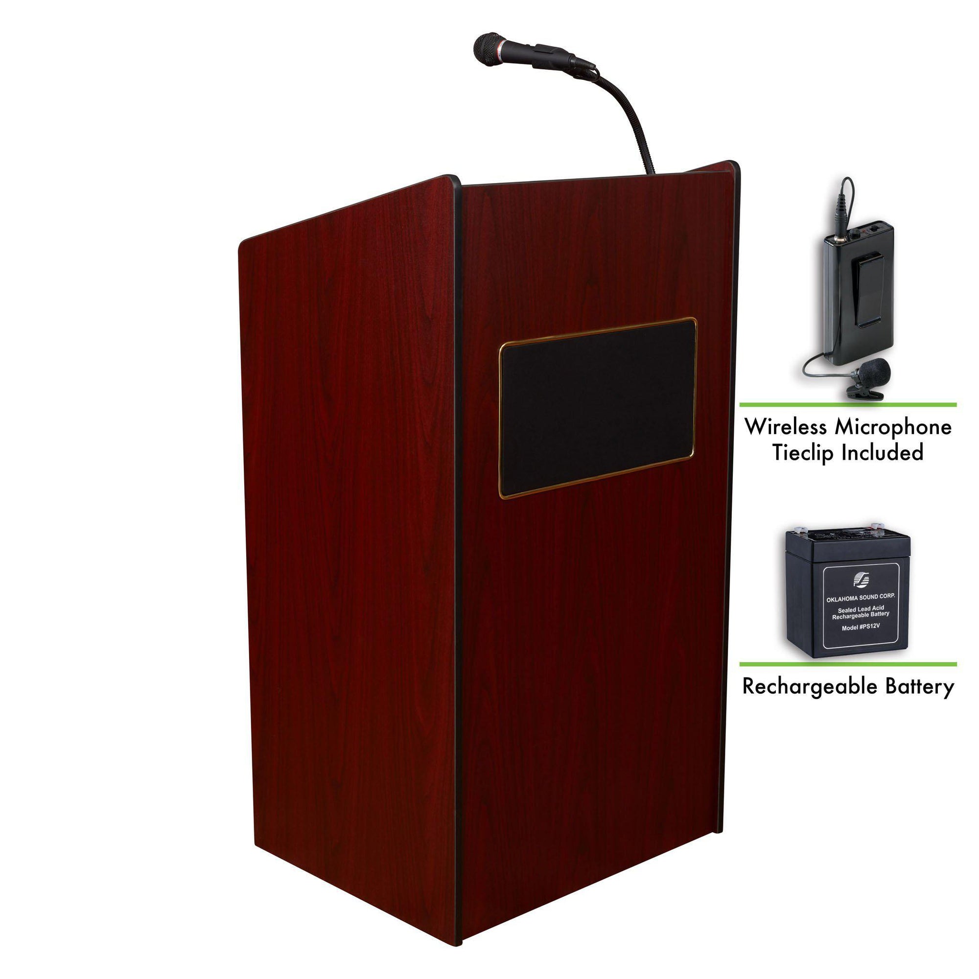Oklahoma Sound® Aristocrat Sound Lectern and Rechargeable Battery with Wireless Tie Clip/Lavalier Mic-Lecterns & Podiums-Mahogany-