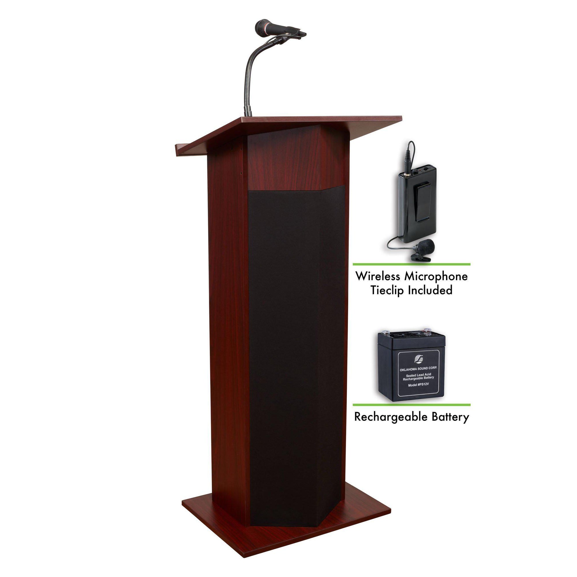 Oklahoma Sound® Power Plus Lectern and Rechargeable Battery with Wireless Tie Clip/Lavalier Mic-Lecterns & Podiums-Mahogany-
