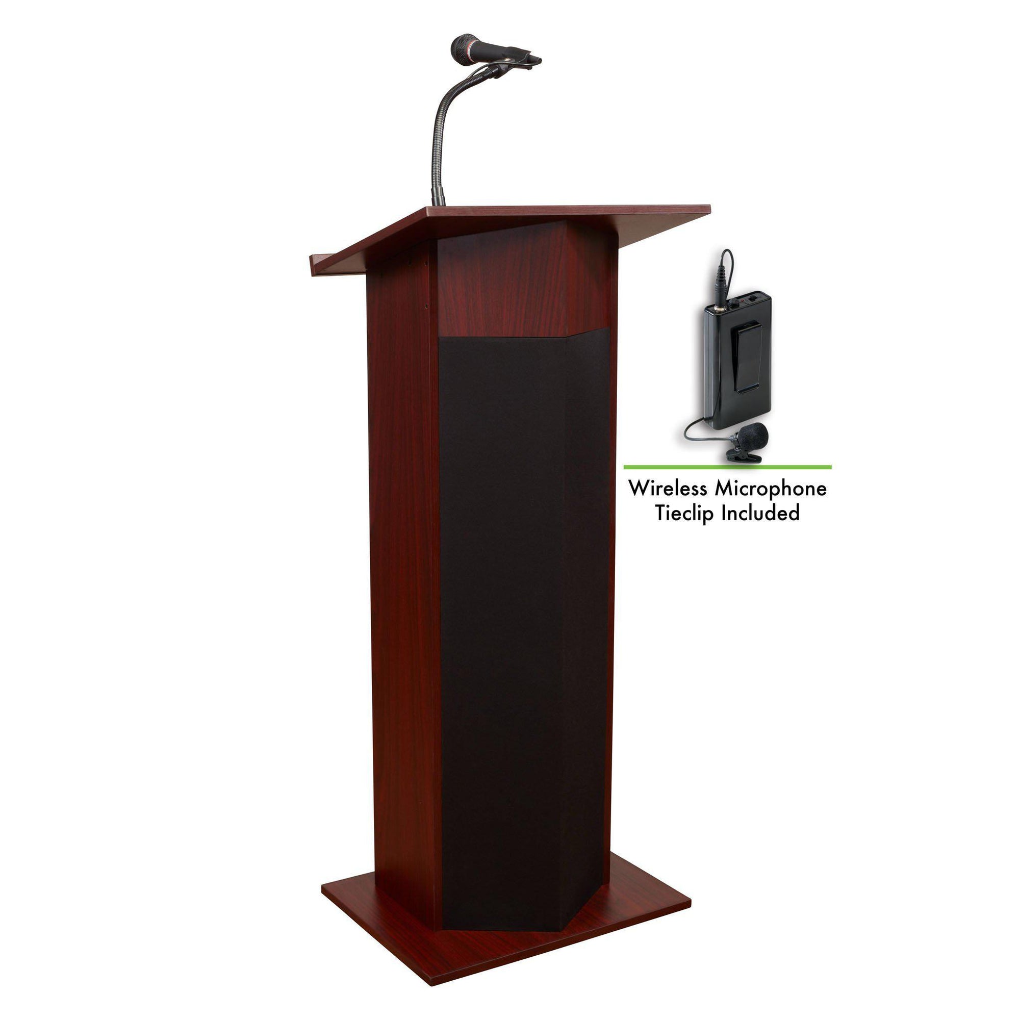 Oklahoma Sound® Power Plus Lectern with Wireless Tie Clip/ Lavalier Mic-Lecterns & Podiums-Mahogany-