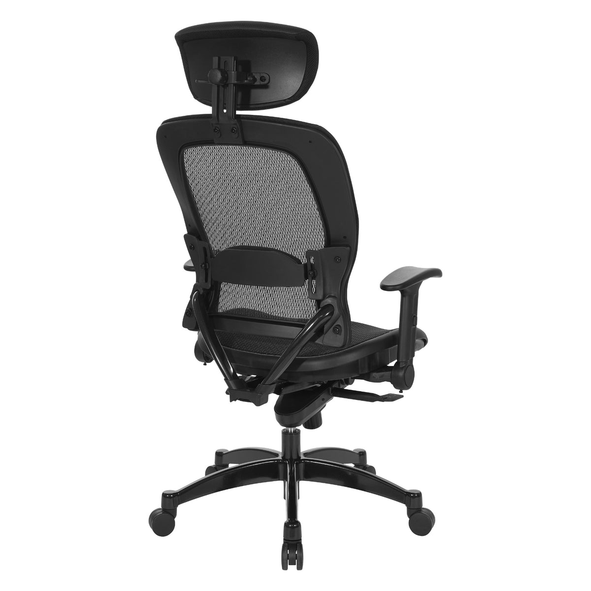 Breathable Mesh Seat and Back Executive Chair with Top Grain Leather Trim, Adjustable Headrest and Lumbar Support, Height-Adjustable Flip Arms, Industrial Steel Finish Base