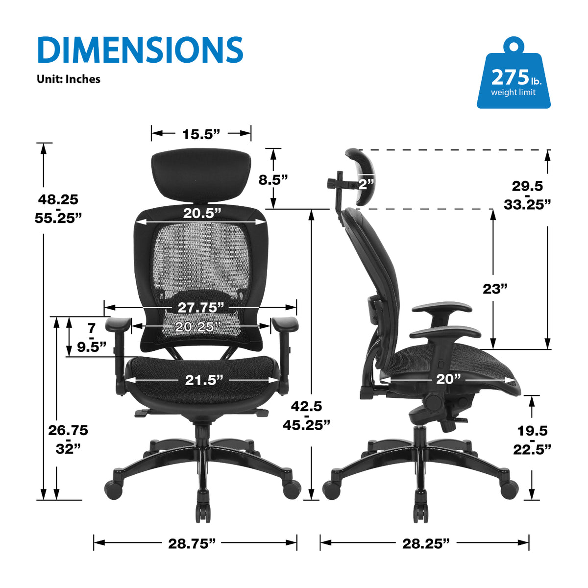 Breathable Mesh Seat and Back Executive Chair with Top Grain Leather Trim, Adjustable Headrest and Lumbar Support, Height-Adjustable Flip Arms, Industrial Steel Finish Base