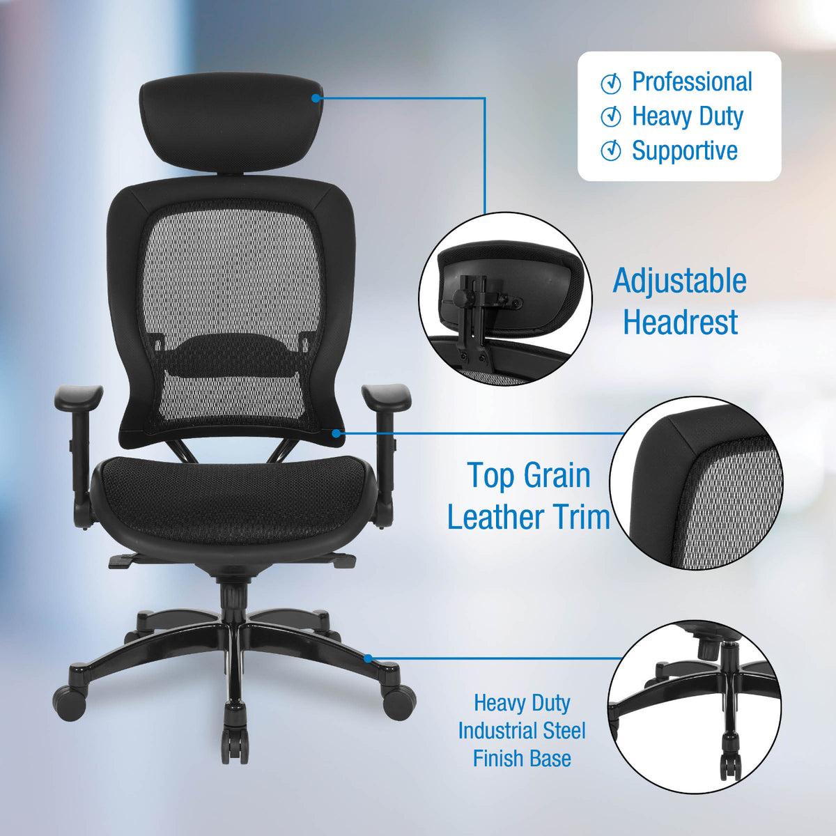 Breathable Mesh Seat and Back Executive Chair with Top Grain Leather Trim, Adjustable Headrest and Lumbar Support, Height-Adjustable Flip Arms, Industrial Steel Finish Base