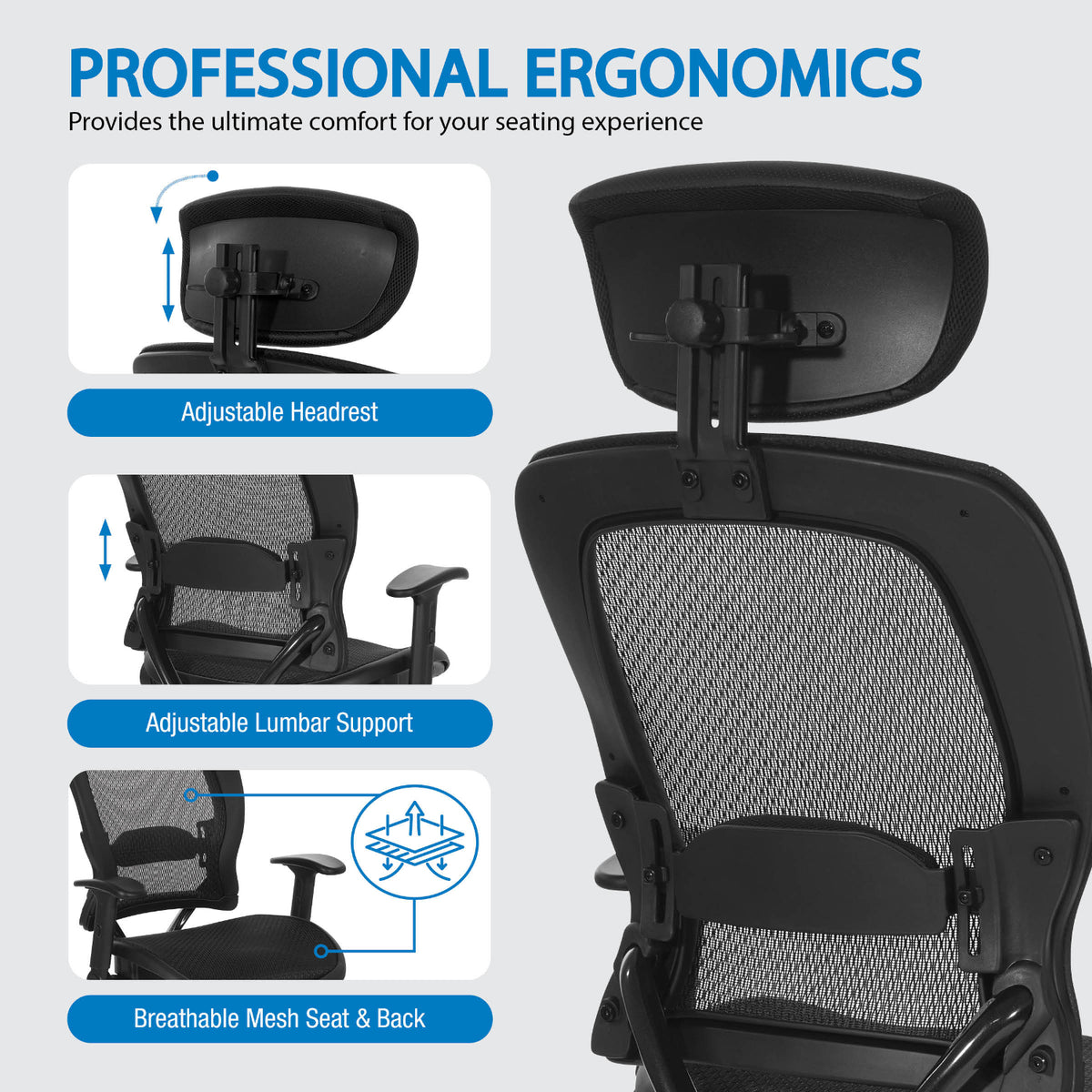 Breathable Mesh Seat and Back Executive Chair with Top Grain Leather Trim, Adjustable Headrest and Lumbar Support, Height-Adjustable Flip Arms, Industrial Steel Finish Base
