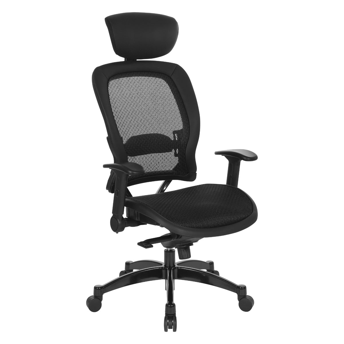 Breathable Mesh Seat and Back Executive Chair with Top Grain Leather Trim, Adjustable Headrest and Lumbar Support, Height-Adjustable Flip Arms, Industrial Steel Finish Base