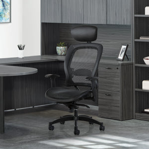 Breathable Mesh Seat and Back Executive Chair with Top Grain Leather Trim, Adjustable Headrest and Lumbar Support, Height-Adjustable Flip Arms, Industrial Steel Finish Base
