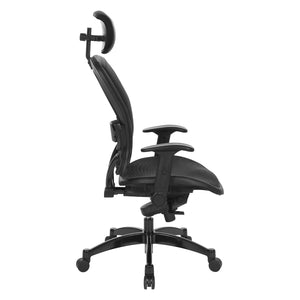 Breathable Mesh Seat and Back Executive Chair with Top Grain Leather Trim, Adjustable Headrest and Lumbar Support, Height-Adjustable Flip Arms, Industrial Steel Finish Base