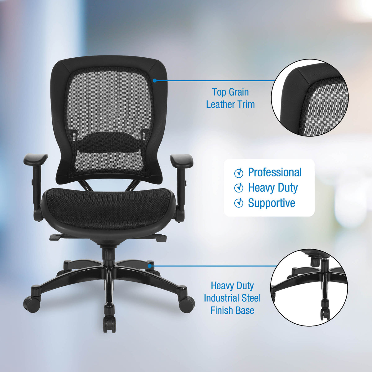 Breathable Mesh Seat and Back Executive Chair withTop Grain Leather Trim, Adjustable Lumbar Support, Height-Adjustable Flip Arms, Industrial Steel Finish Base