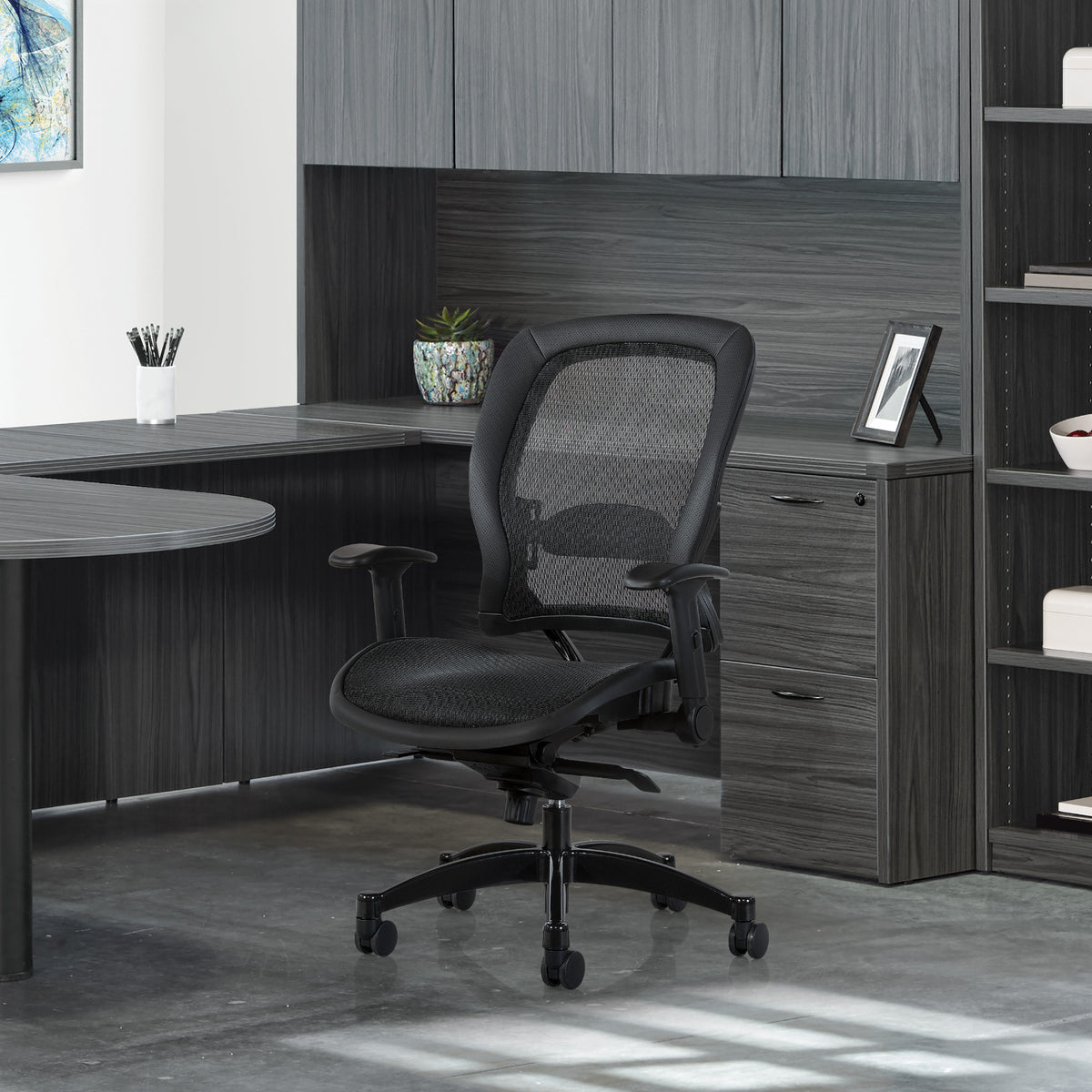 Breathable Mesh Seat and Back Executive Chair withTop Grain Leather Trim, Adjustable Lumbar Support, Height-Adjustable Flip Arms, Industrial Steel Finish Base