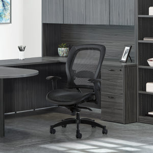 Breathable Mesh Seat and Back Executive Chair withTop Grain Leather Trim, Adjustable Lumbar Support, Height-Adjustable Flip Arms, Industrial Steel Finish Base