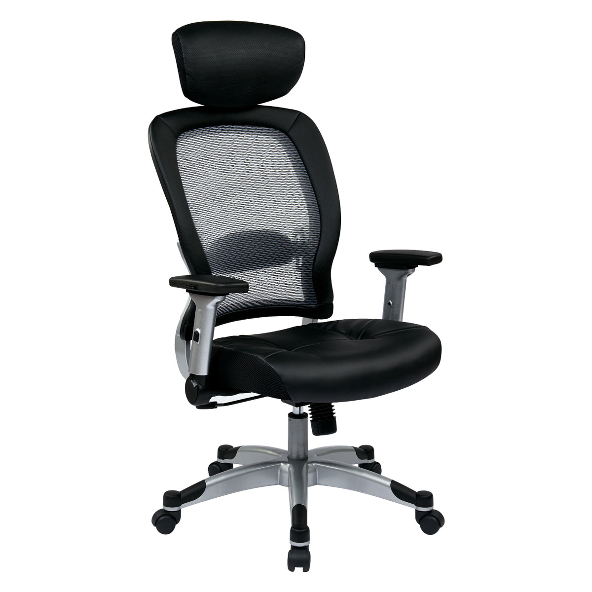 Light Air Grid® Back Manager's Chair with Padded Bonded Leather Seat, 4-Way Adjustable Flip Arms, Adjustable Headrest and Platinum Coated Nylon Base