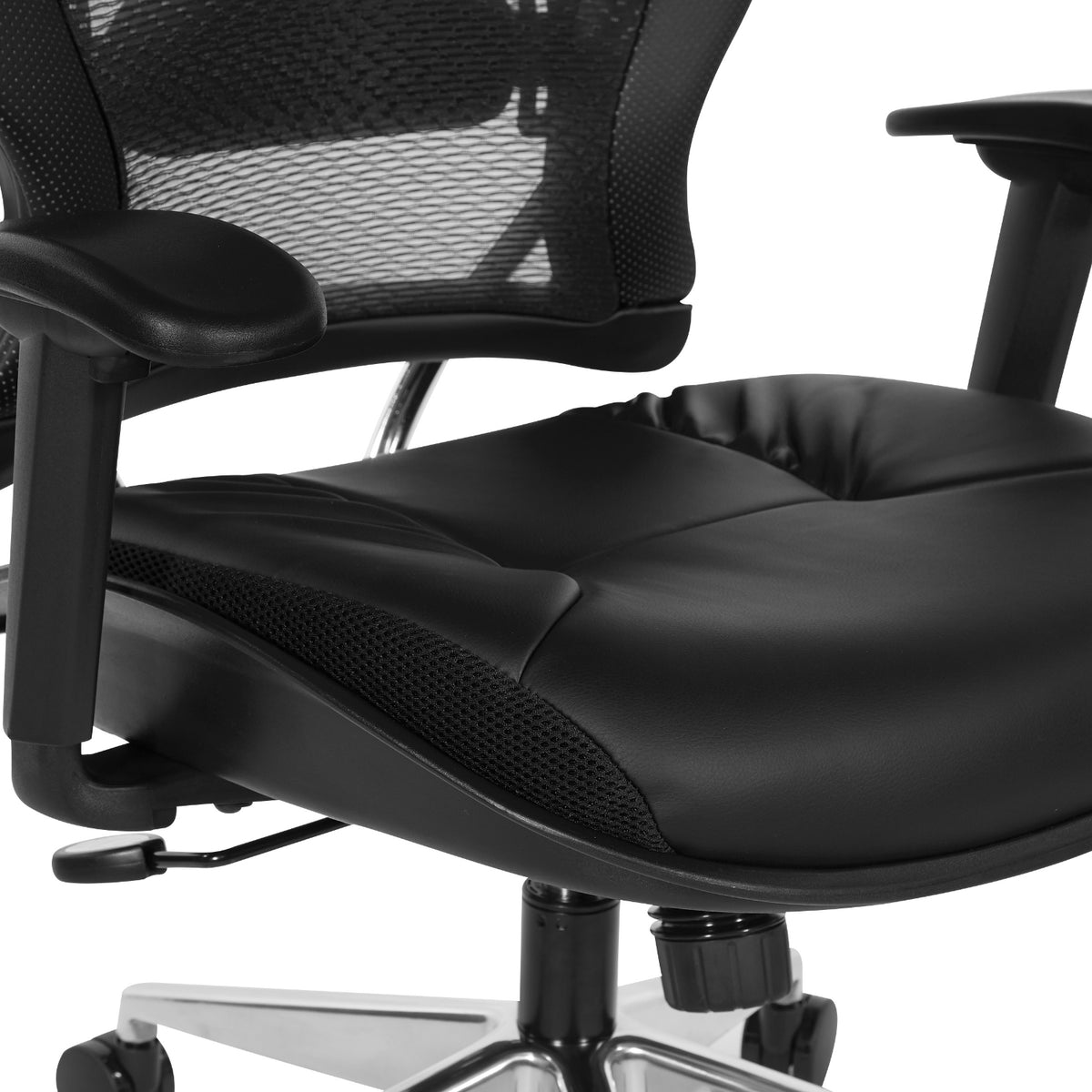 Air Grid® Back Chair with Black Bonded Leather Seat and Trim, Adjustable Arms, Adjustable Lumbar, and Angled Polished Aluminum Base